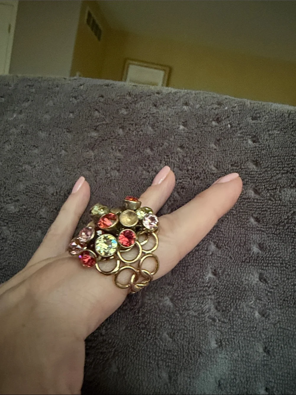 Designer Gold-Tone Cocktail Ring with Pink, Red and Yellow Crystals In Motion